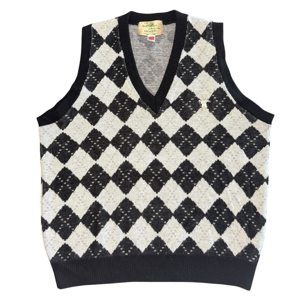 Vintage T Barry Knicker Co Black White Gray Argyle Sweater Vest Mens L Made USA